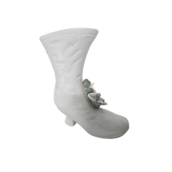 Vintage White Porcelain Boot Applied Blue White Flowers 4.5 Inch