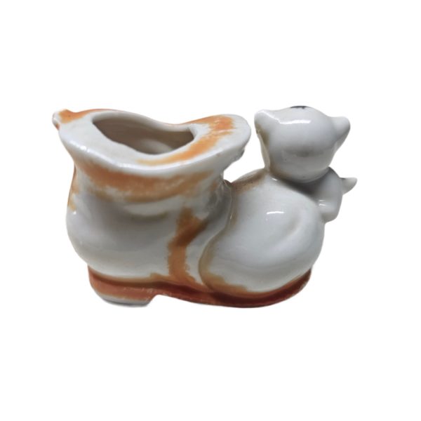 Vintage White Kitten on Orange Boot Porcelain 3 Inch