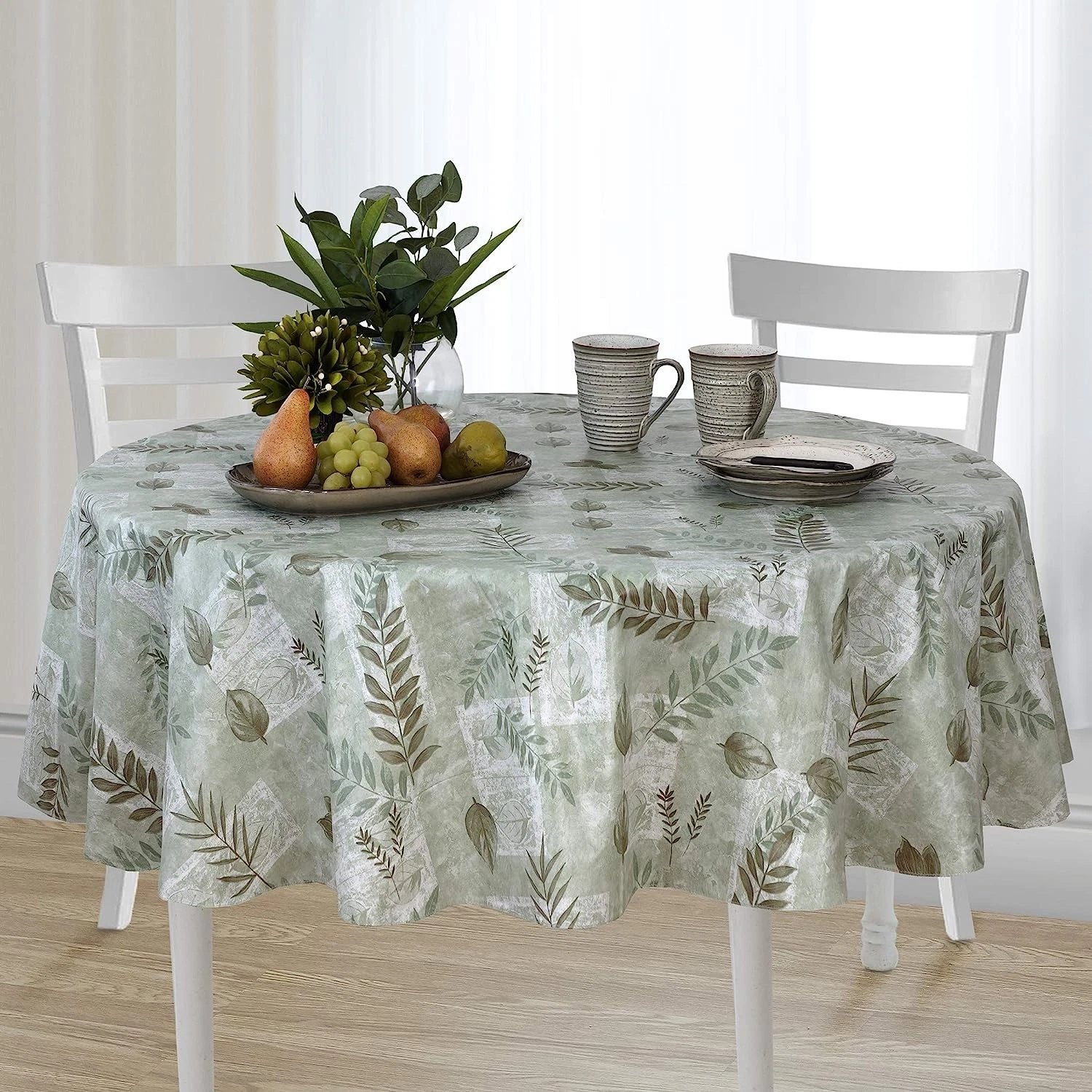 Everyday Luxuries "Boxed Fern" Taupe Vinyl Flannel Back Tablecloth 60 x 84 Oval