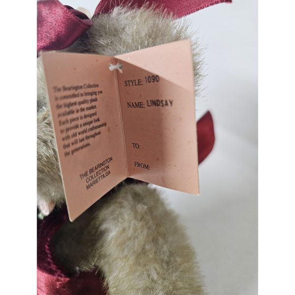 1990's Bearington Collection "Lindsay" Holiday Teddy Bear 12" Burgundy Velvet Romper #1090