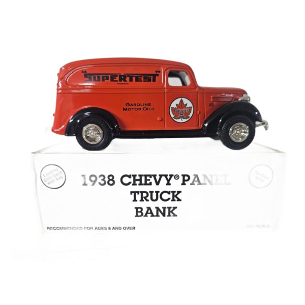 Vintage 1993 ERTL SuperTest Gas Oil 1938 Chevy Panel Truck Die-cast Bank 1:25 Scale (Orange/Black)