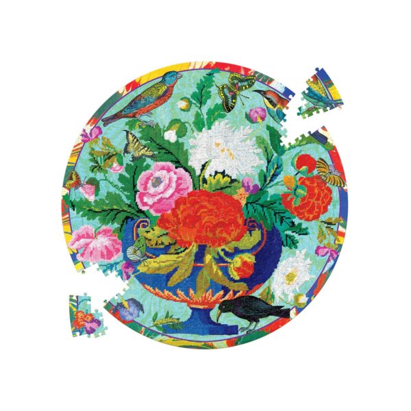 Eeboo Cross Stitch "Bouquet and Birds" 500 Piece Jigsaw Puzzle Round Floral Nature Puzzle