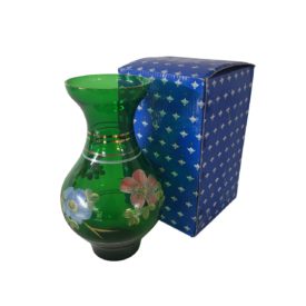 Vintage Tati Green Glass Vase – Hand-Painted Floral Design - NOS in Box